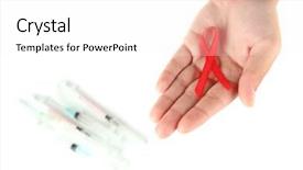  Presentation with white - Slide deck having aids ribbon in hand isolated background and a  colored foreground