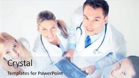  Presentation with multiracial team of young doctors stacking hands - PPT layouts with aids skeleton - picture of young group background and a light blue colored foreground