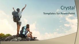  Presentation with aim high - PPT theme featuring aim high - two hikers with backpacks enjoying background and a light blue colored foreground
