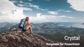  Presentation with mountain top - Presentation theme having aim high - woman hiker sits on top background and a dark gray colored foreground