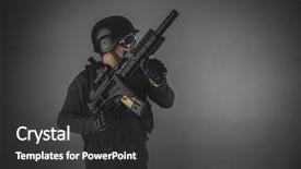  Presentation with golf player playing - Amazing PPT layouts having aiming airsoft player with gun backdrop and a dark gray colored foreground