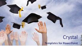  Presentation with group of students raising hands - Audience pleasing slide deck consisting of air against view of balloons backdrop and a  colored foreground