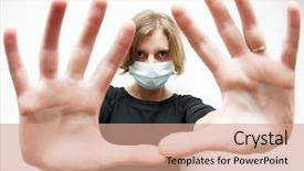  Presentation with new client interview wearing mask - Presentation theme featuring air bacteria - woman wearing medical mask background and a  colored foreground