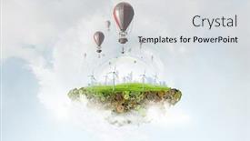  Presentation with balloon - Presentation design featuring floating city - air balloon in summer sky background and a light gray colored foreground