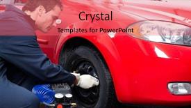 Presentation with mechanic shop - Presentation theme enhanced with air compressor - handsome mechanic inspecting the tire background and a coral colored foreground