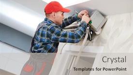  Presentation with conditioner - Colorful presentation design enhanced with air-conditioner-service-worker backdrop and a light gray colored foreground