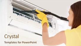 Presentation with dust - Theme featuring air conditioning systems - young woman cleaning conditioner background and a sky blue colored foreground