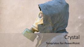  Presentation with nuclear weapons and gas mask - Beautiful presentation theme featuring air defence - man in gas mask backdrop and a light gray colored foreground