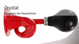  Presentation with trumpet - Cool new PPT theme with bugle - red bulb trumpet backdrop and a white colored foreground