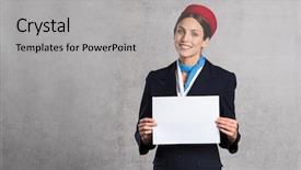 Presentation with data entry copy paste virtual assistant - Slide deck having air hostess holding white placard background and a light gray colored foreground