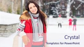  Presentation with pretty girl - Slide set consisting of air ice-rink at winter background and a sky blue colored foreground