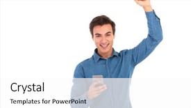  Presentation with celebrate office success - Slide set consisting of air mail - man holding phone and celebrate background and a  colored foreground