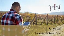  Presentation with remote - Presentation design featuring air navigation - man remote control flying drone background and a yellow colored foreground