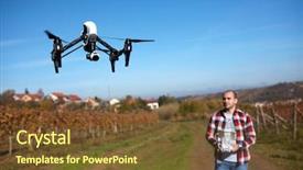  Presentation with spy robot modern drone - Colorful presentation enhanced with air navigation - modern drone flying over vineyard backdrop and a tawny brown colored foreground