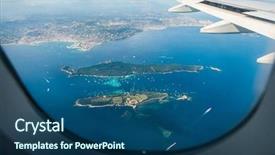  Presentation with air plane - Audience pleasing PPT theme consisting of air plane - airplane wing out of window backdrop and a ocean colored foreground