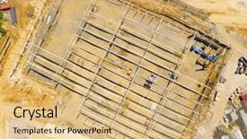  Presentation with construction site construction - Presentation design enhanced with air pollution control - aerial view of construction site background and a coral colored foreground