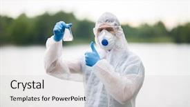  Presentation with beaker and flask nature - Theme with air pollution control - ecologist raised finger in nature background and a light gray colored foreground