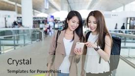  Presentation with airport lisbon - Beautiful PPT theme featuring air port - friends using cellphone backdrop and a light gray colored foreground