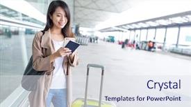  Presentation with luggage - Beautiful PPT theme featuring air port - travel woman using cellphone backdrop and a sky blue colored foreground