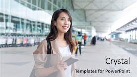  Presentation with passport travel - Amazing presentation design having air port - woman go travel holding passport backdrop and a  colored foreground