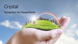  Presentation with trophy award hand holding - Colorful presentation enhanced with air resorces - human hand holding the city backdrop and a  colored foreground