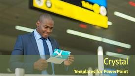  Presentation with ticket - Audience pleasing presentation consisting of air ticketing - smiling african american businessman checking backdrop and a tawny brown colored foreground