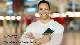  Presentation with airport boarding pass - PPT layouts consisting of air transport goods - mid age man holding passport background and a coral colored foreground