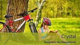  Presentation with technology health - Beautiful PPT theme featuring air transport goods - woman traveling bicycle in summer backdrop and a gold colored foreground