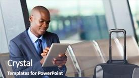  Presentation with airport - Slide deck enhanced with air travel - black businessman using tablet computer background and a ocean colored foreground