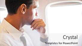  Presentation with travel - Beautiful slide set featuring air travel - thoughtful businessman on airplane looking backdrop and a white colored foreground