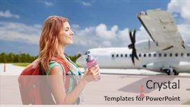  Presentation with air plane - Audience pleasing presentation consisting of air travel tourism trip concept smiling tourist woman backpack bottle water plane airfield background backdrop and a soft green colored foreground