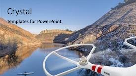  Presentation with quadcopter - PPT layouts featuring airborne - quadcopter drone flying over lake background and a light blue colored foreground