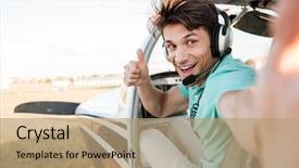  Presentation with airplane pilot - Presentation with aircraft - cheerful excited young pilot sitting background and a coral colored foreground