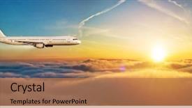  Presentation with business travel - PPT theme consisting of aircraft - commercial airplane jetliner flying above background and a coral colored foreground