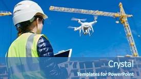  Presentation with building construction - Amazing PPT theme having aircraft - drone inspection operator inspecting construction backdrop and a ocean colored foreground
