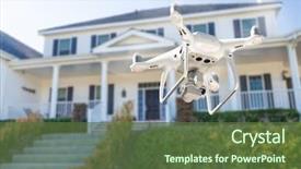  Presentation with quadcopter - Amazing theme having aircraft - drone quadcopter flying inspecting backdrop and a tawny brown colored foreground