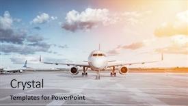  Presentation with runway - Amazing theme having aircraft - passenger airplane landing at sunset backdrop and a light gray colored foreground