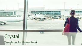  Presentation with airport lounge - Presentation theme featuring aircraft - traveler businesswoman at airport banner background and a soft green colored foreground