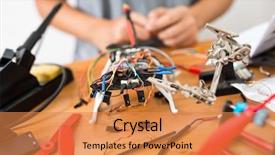  Presentation with drone technology delivery flying - Audience pleasing presentation design consisting of aircraft assembly - assembler of flying drone backdrop and a gold colored foreground