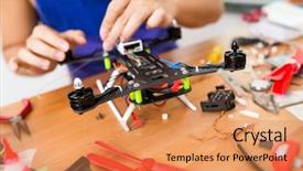  Presentation with drone technology delivery flying - Slide deck enhanced with aircraft assembly - making of flying drone background and a  colored foreground