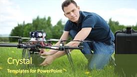  Presentation with camera drone - PPT layouts with aircraft assembly - portrait of confident young engineer background and a tawny brown colored foreground