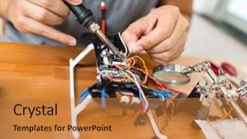  Presentation with welding - PPT theme featuring aircraft assembly - welding the cable on flying background and a gold colored foreground