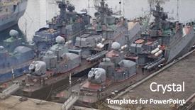  Presentation with military - Cool new PPT theme with aircraft carrier - military ships in the harbour backdrop and a gray colored foreground