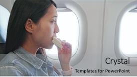  Presentation with role play woman and man - Amazing slide deck having korean snacks - woman eating sandwich on plane backdrop and a light gray colored foreground