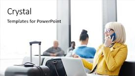  Presentation with airport - Audience pleasing theme consisting of aircraft gate - smiling young woman with suitcases backdrop and a white colored foreground