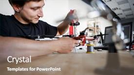  Presentation with square - Amazing PPT theme having aircraft mechanic - image of man with screwdriver backdrop and a coral colored foreground