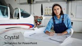  Presentation with hangar - Cool new PPT theme with aircraft mechanic - portrait of modern woman working backdrop and a light gray colored foreground