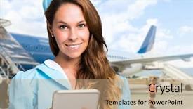  Presentation with tablet - Colorful PPT layouts enhanced with aircrews - portrait of a smiling stewardess backdrop and a coral colored foreground