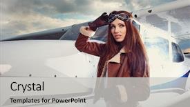  Presentation with airplane pilot - Slide set consisting of aircrews - portrait of young beautiful woman background and a light gray colored foreground