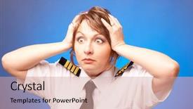  Presentation with pilot - Colorful presentation design enhanced with aircrews - worried woman pilot wearing uniform backdrop and a coral colored foreground